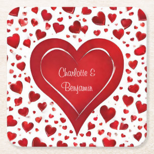 Red Kärlek Hearts NAMN VALENTINES PARTY Underlägg Papper Kvadrat