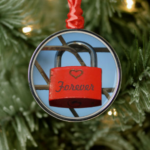 Red Kärlek Lock with Heart on Fence, "Forever" Julgransprydnad Metall
