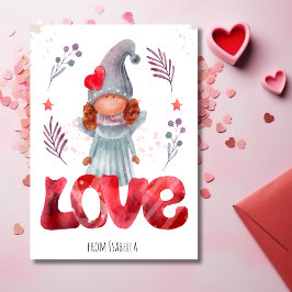 Red Kärlek med Dam Gnome Valentine med vattenfärg Julkort