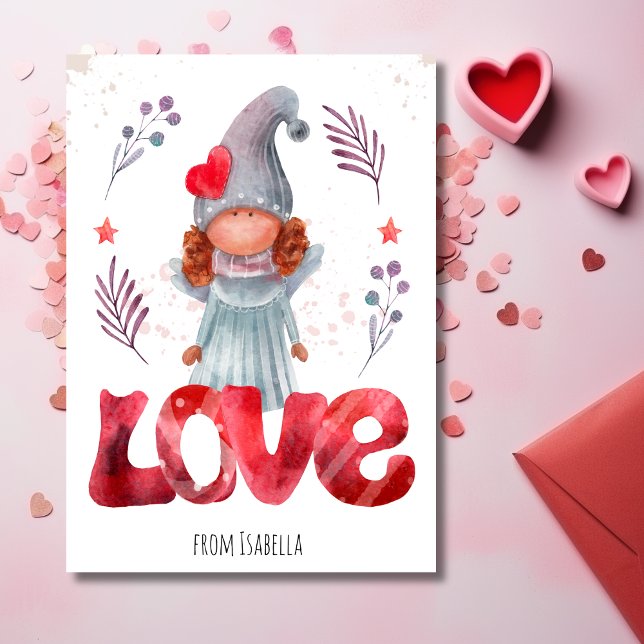 Red Kärlek med Dam Gnome Valentine med vattenfärg Julkort (Red Love With Watercolor Lady Gnome Valentine Holiday Card - Charming Illustration, Ideal for Kids)