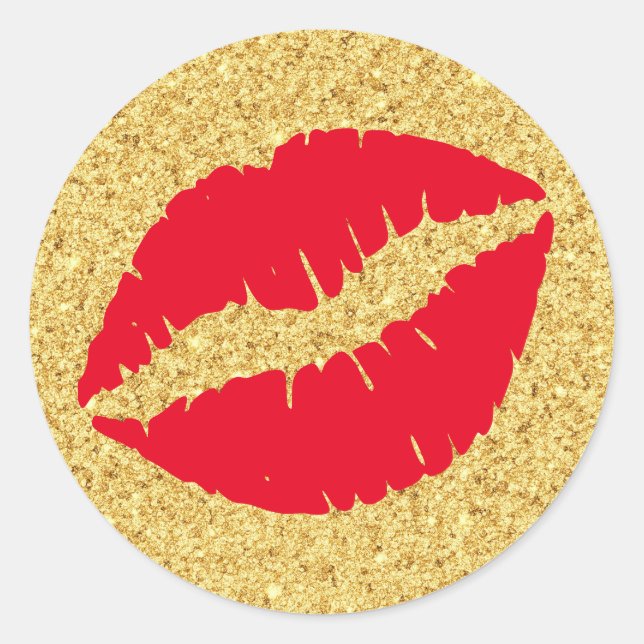 Red Kiss Guld Glitter Runt Klistermärke (Framsida)