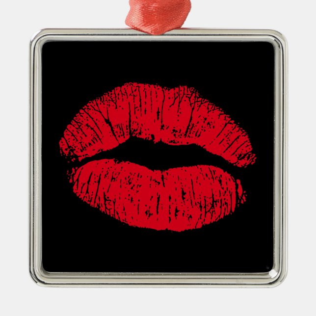 Red Kissing Läppar på Black Julgransprydnad Metall (Framsidan)