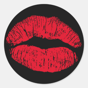 Red Kissing Läppar på Black Runt Klistermärke