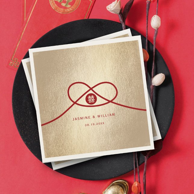 Red Knot Union Dubbla Happity China Bröllop Pappersservett (Red/Gold Knot Union Double Happiness Modern Chinese Wedding Paper Napkins @ fatfatin_red_knot)
