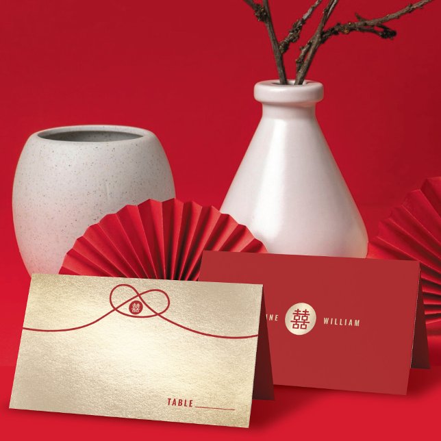 Red Knot Union Dubbla Happity China Bröllop Placeringskort (Red/Gold Knot Union Double Happiness Modern Stylish Chinese Wedding Place Card @ fatfatin_red_knot)
