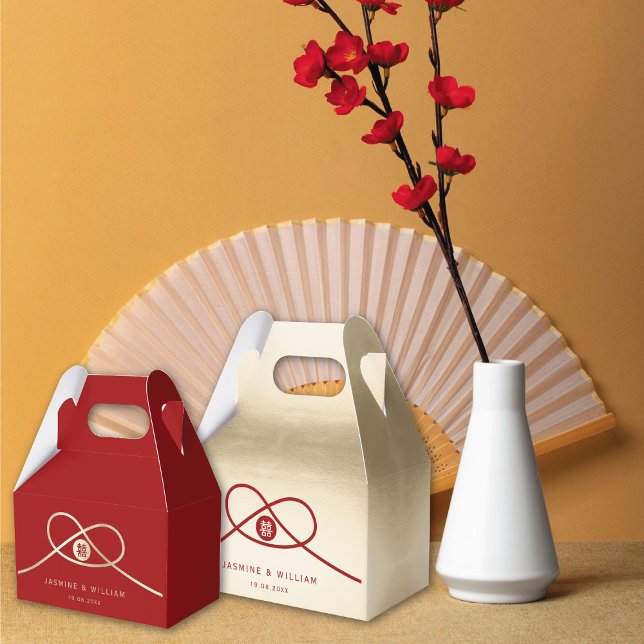 Red Knot Union Dubbla Happity China Bröllop Presentaskar (Red/Gold Knot Union Double Happiness Minimalist Chinese Wedding Party Favor Boxes @ fatfatin_red_box)
