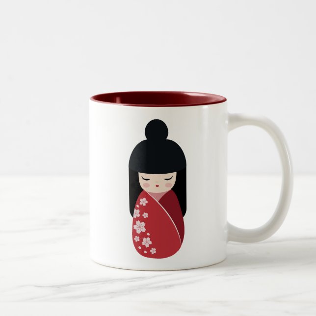 RED Kokeshi Doll - Cute Japansk Geisha Girl Två-Tonad Mugg (Höger)