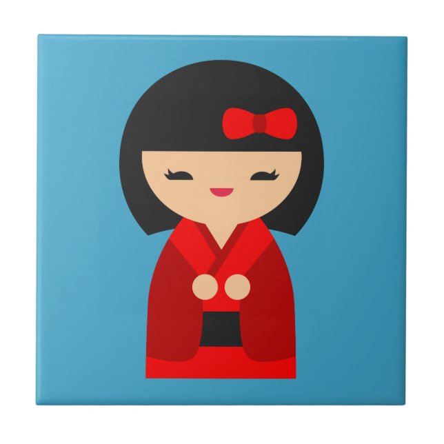 Red Kokeshi Japanska dockor Kakelplatta (Framsidan)