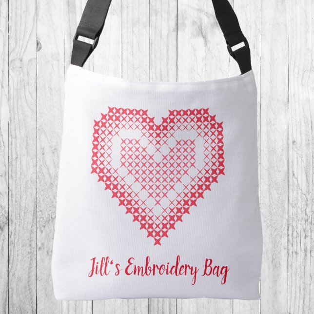 Red Kor-stich Heart Embroidery Tote Axelväska (Cute heart "cross stitch and embroidery" look crossbody bag.)