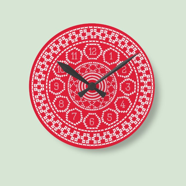 Red Kor Stitch Sweater Stil Wall Clock Rund Klocka (A red and white cross stitch style clock just for you)