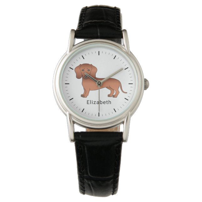 Red Kort Hair Dachshund Cute Tecknad hund & Namn Armbandsur (Framsida)