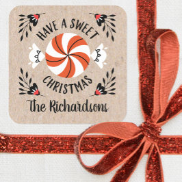 Red Kraft jul Peppermint Candy Gift Märkres Fyrkantigt Klistermärke