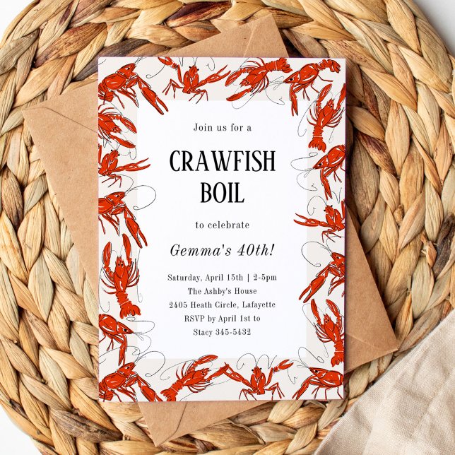 Red Kräftor Boil Seafood Födelsedagsfest Inbjudningar (Red crawfish boil seafood birthday party invitation.)