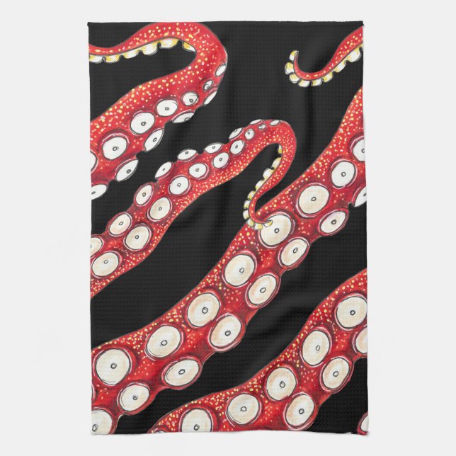 Red Kraken Octopus Tentacles Black Kökshandduk (Vertikal)