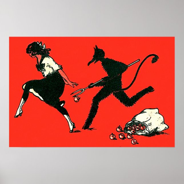 Red Krampus Chasing Woman Apples Poster (Framsidan)