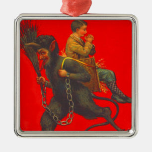 Red Krampus Kidnapping Praying Boy Julgransprydnad Metall