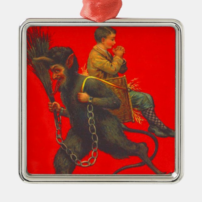 Red Krampus Kidnapping Praying Boy Julgransprydnad Metall (Framsidan)