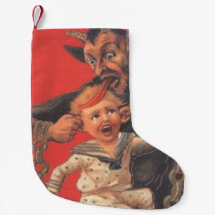 Red Krampus Pulling Boys Öron Liten Julstrumpa