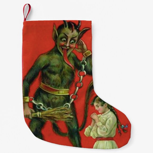 Red Krampus Punishing Praying Girl Liten Julstrumpa (Framsidan)