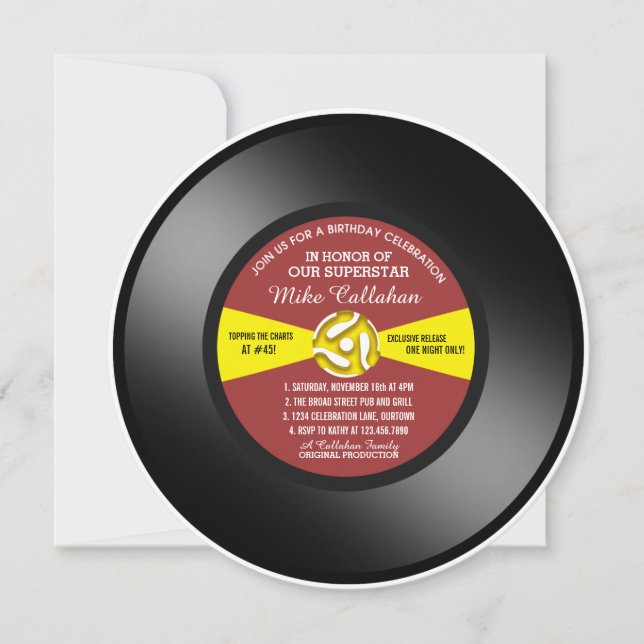 Red Label Vinyl 45 Record Födelsedagsfest Inbjudningar (Framsida)