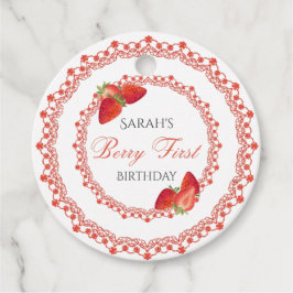 Red Lace Berry First Birthday Round Gåvor Etiketter