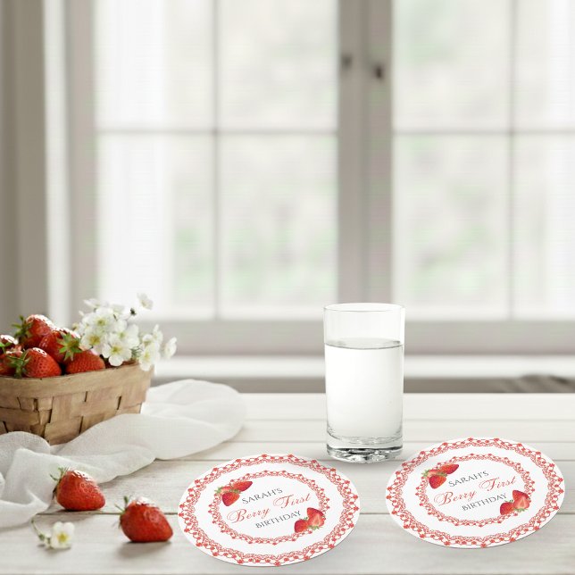 Red Lace Berry First Birthday Underlägg Papper Rund (Red Lace Berry First Birthday Round Paper Coaster)