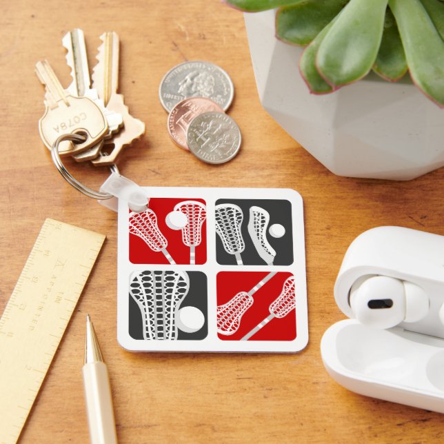 Red Lacrosse Blocks of Sticks and Bollar Nyckelring (Skrivbord)