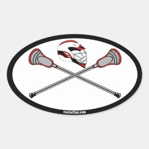 Red Lacrosse Sticks och Helmet Ovalt Klistermärke
