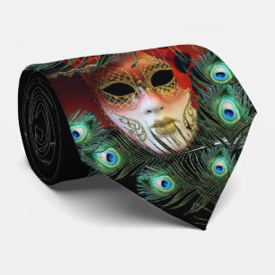 RED LADY AND JESTER MASK WITH PEACOCK FEATHERS SLIPS