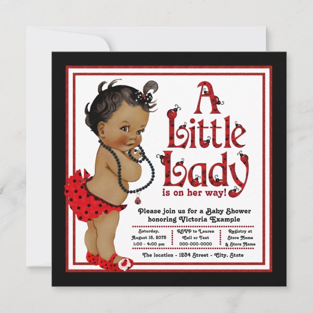 Red Ladybug African American Girl Baby Shower Inbjudningar (Framsida)