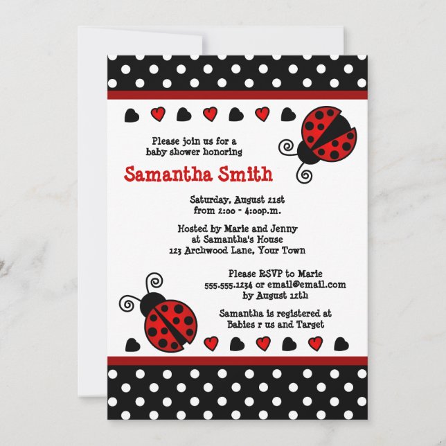 Red Ladybug Baby Shower Black and White Polka dots Inbjudningar (Framsida)