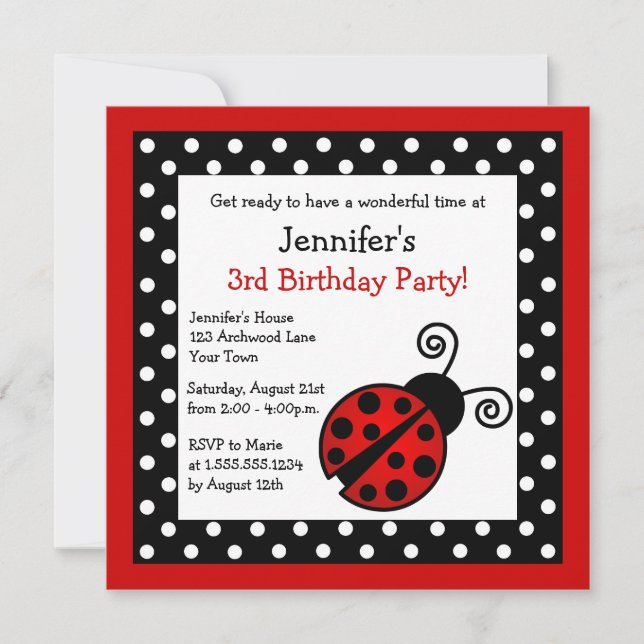 Red Ladybug Birthday - Black and White Polka dots Inbjudningar (Framsida)