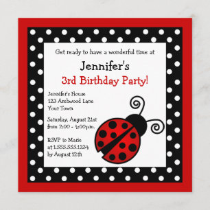Red Ladybug Birthday - Black and White Polka dots Inbjudningar