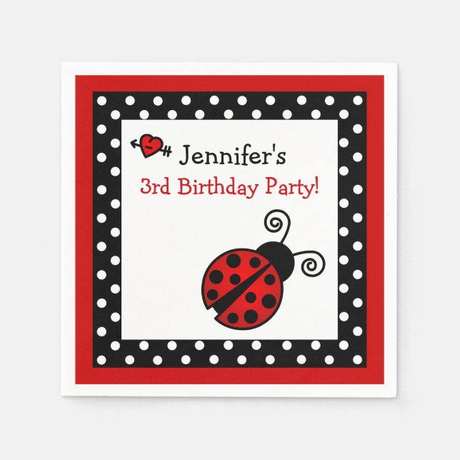 Red Ladybug Birthday - Black and White Polka dots Pappersservett (Framsidan)