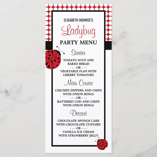 Red Ladybug Children's Födelsedagsfest Menu Meny (Framsida)