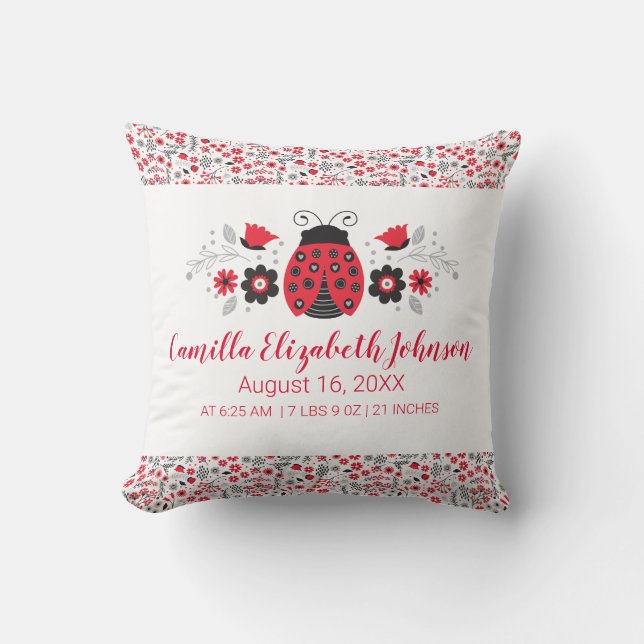 Red Ladybug Girl Birth Stats Nursery Kudde (Framsida)
