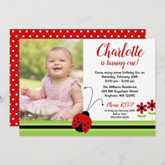 Red Ladybug Girl Birthday Photo Inbjudningar (Fram/baksida)