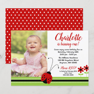Red Ladybug Girl Birthday Photo Inbjudningar