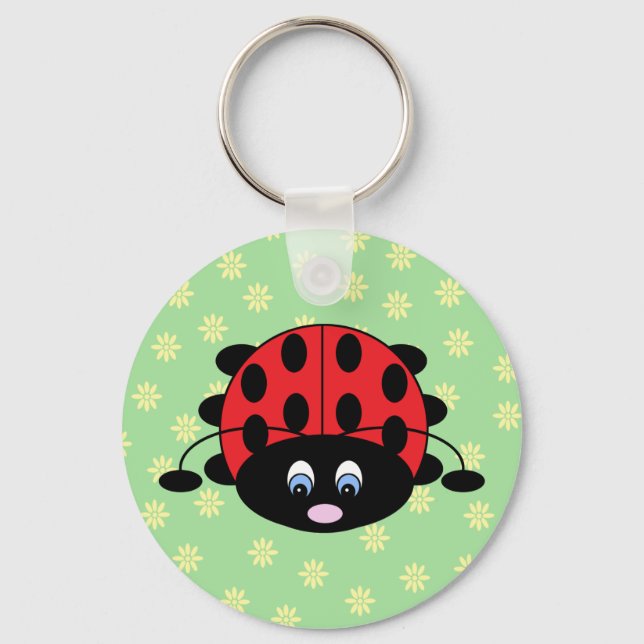 Red Ladybug med Flowers Keychain Nyckelring (Framsida)
