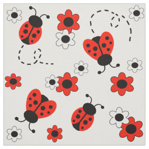 Red Ladybug Nyckelpiga Blommigt White Flowers Tyg