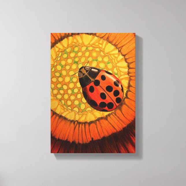 Red Ladybug på en vibrant Zinnia-blomma Canvastryck (Framsida)
