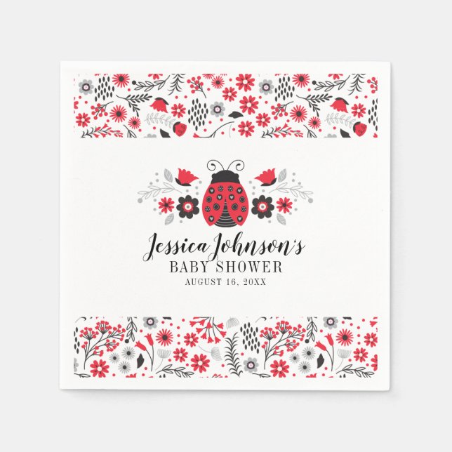 Red Ladybug Personlig Girl Blommigt Baby Shower Pappersservett (Framsidan)