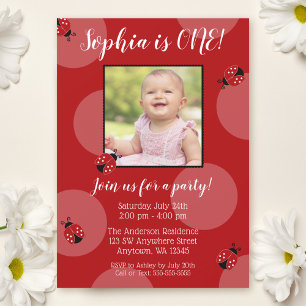 Red Ladybug Polka Dot Birthday Photo Inbjudningar