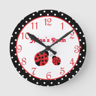 Red Ladybug Polka Dot Nursery Girls Wall Clock Rund Klocka
