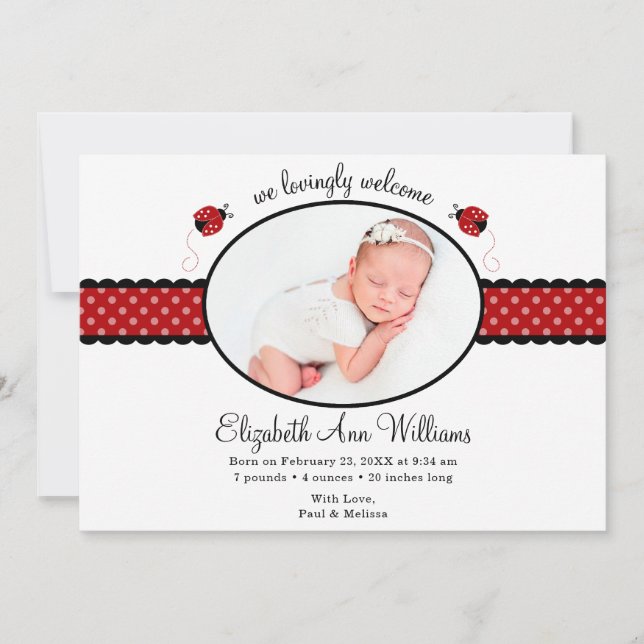 Red Ladybug Polka Dot Photo Birth Notice Meddelande (Framsida)
