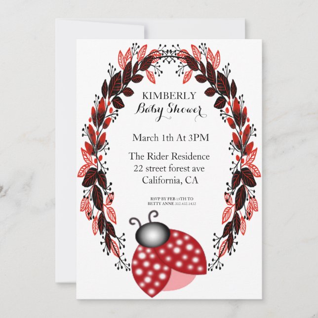 Red Ladybug Red Lövs Baby Shower-inbjudningar Inbjudningar (Framsida)