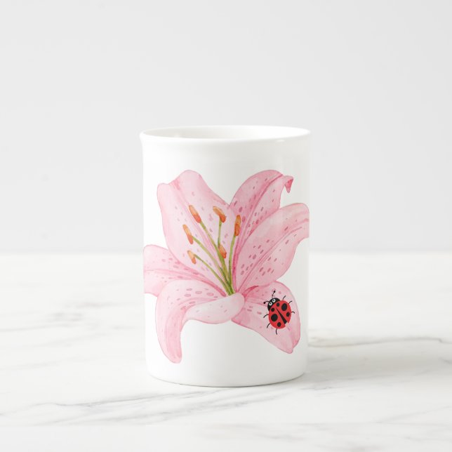 Red Ladybug rosa Lily Flower Custom Name Girl Benporslin Mugg (Framsidan)