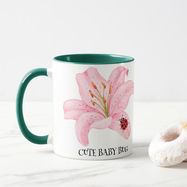 Red Ladybug rosa Lily Flower Custom Name Girl Mugg (Med munk)