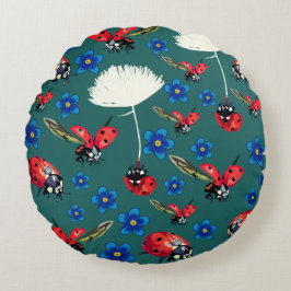 Red Ladybugs Blåa blommor Round Cushion Rund Kudde