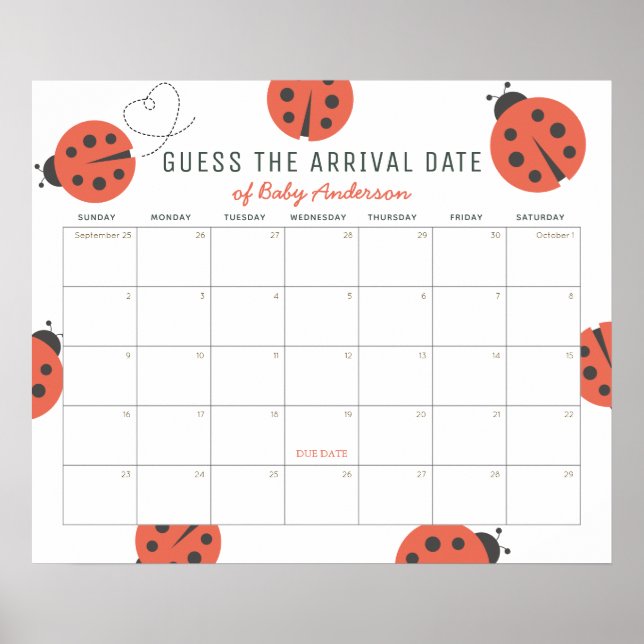 Red Ladybugs Guess The Due Date Calendar Poster (Framsidan)